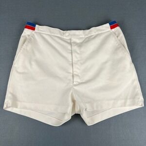 Vintage 70s Izod Tennis Shorts, White Red Blue, Size 14